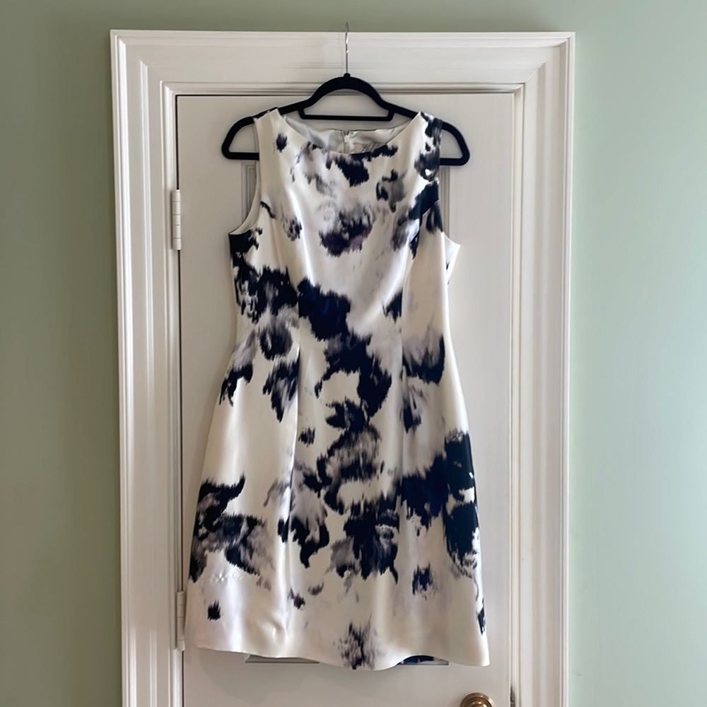Lela Rose Spring Cocktail Dress. Ivory and Black with hints of blue and lavender